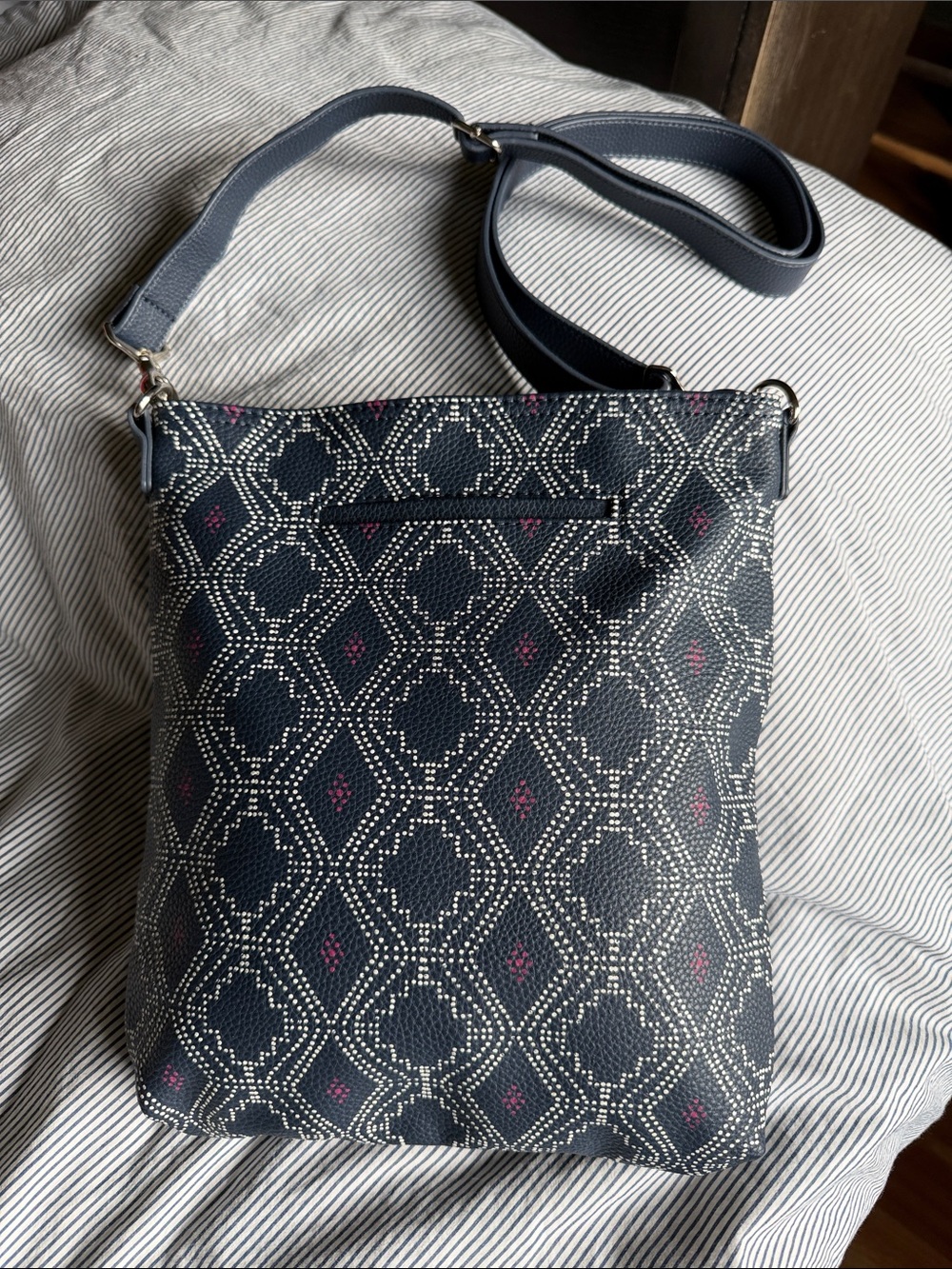 NWOT thirty-one Navy Patterned Crossbody with Pink Accents